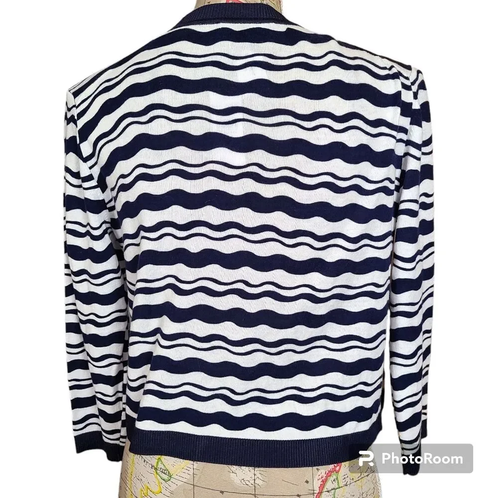 ANN TAYLOR Size Medium Navy White Stripe Cropped Open Front Cardigan Sweater NEW